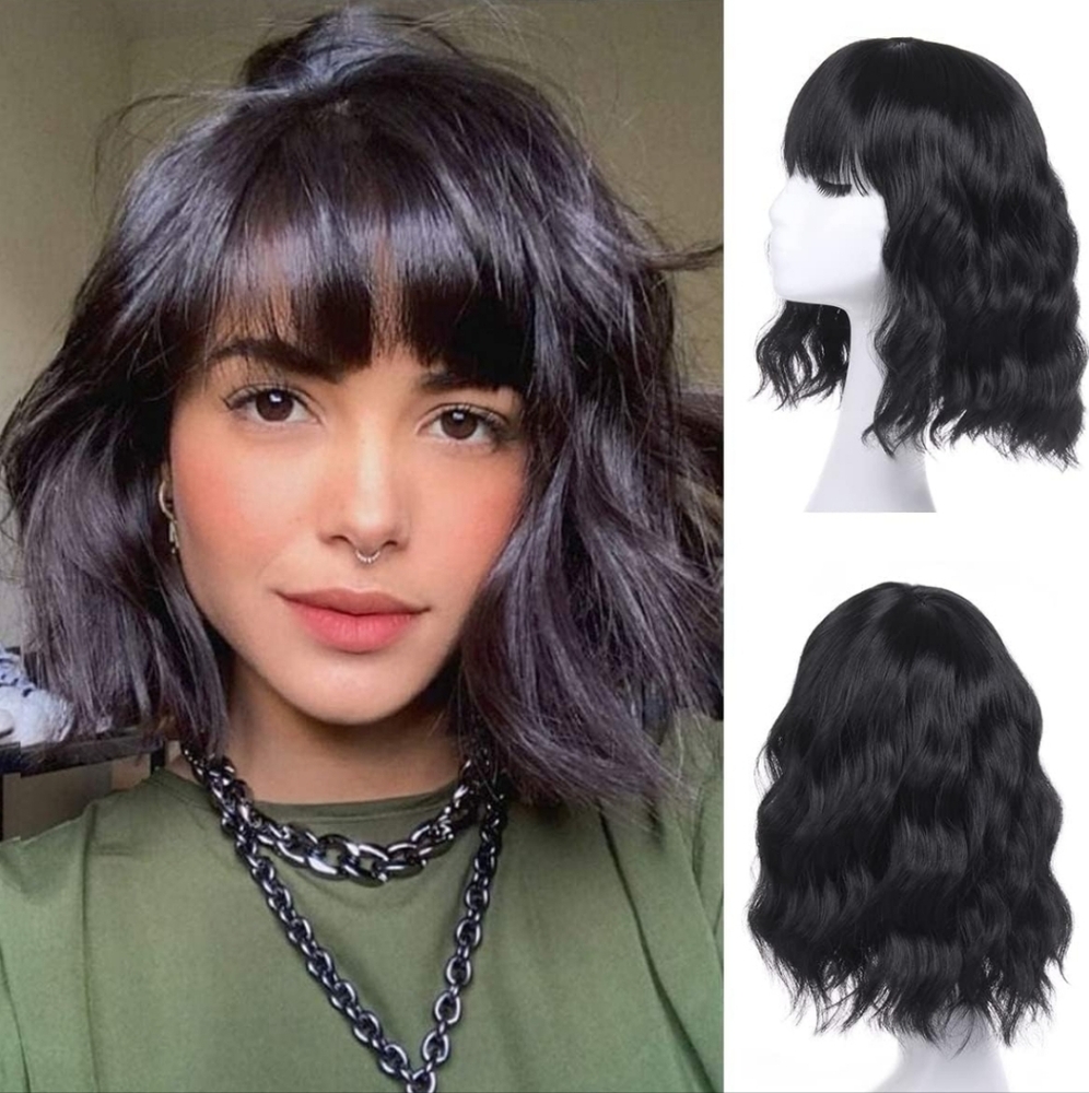 Bob Wig with Bands 12 Inch Black Synthetic Wig